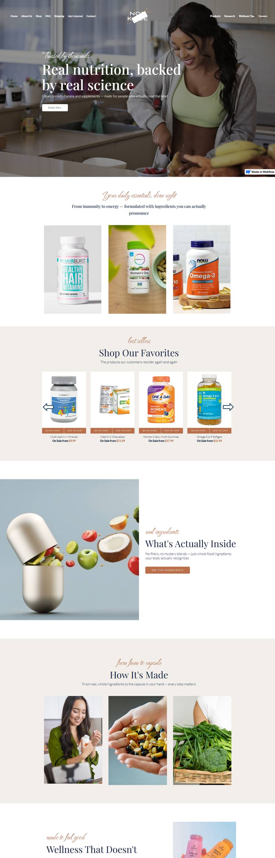 Not Just Kale supplement brand website homepage